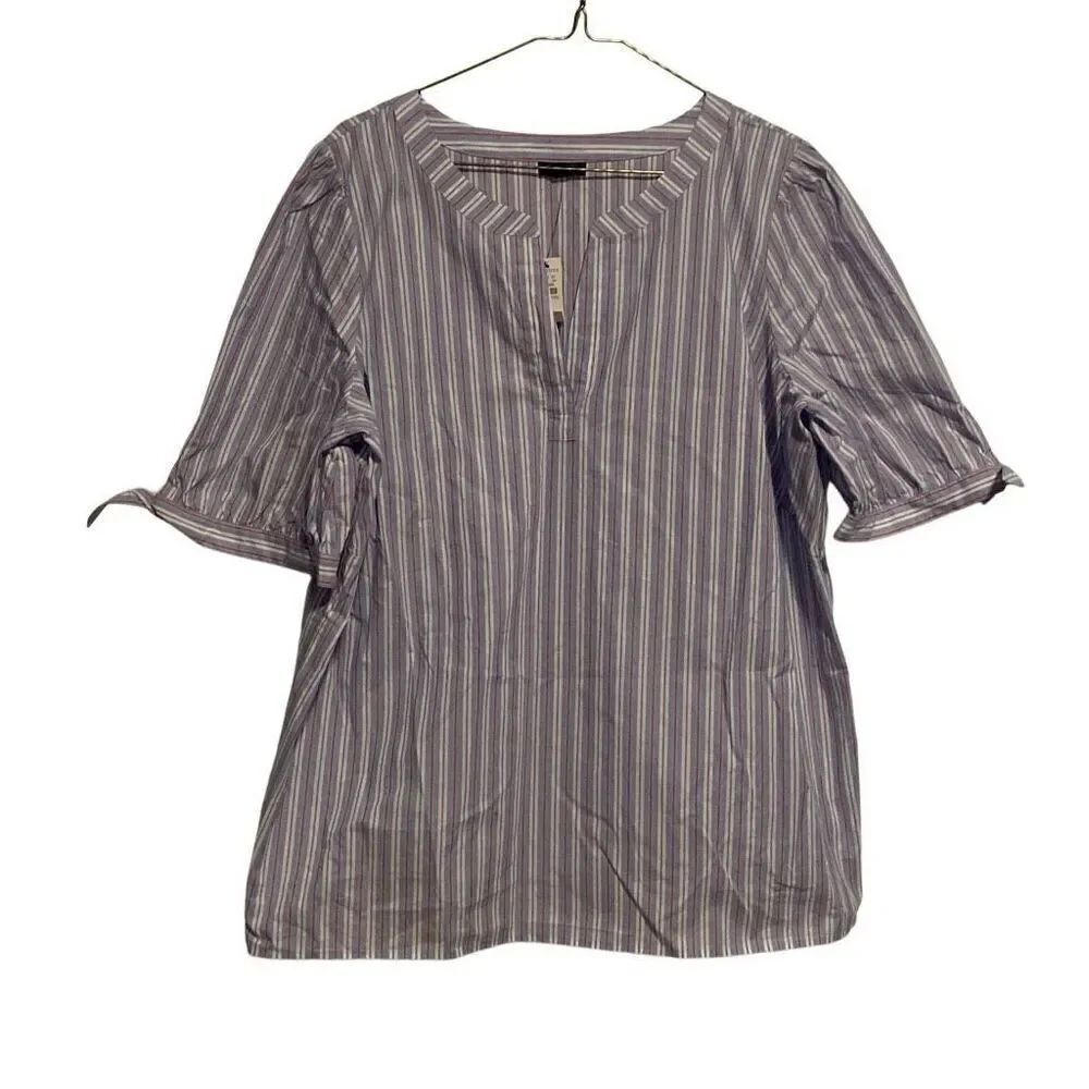 NWT Talbots Striped Split Neck Poplin Tie Sleeve Cotton Blouse Top Size 1XP